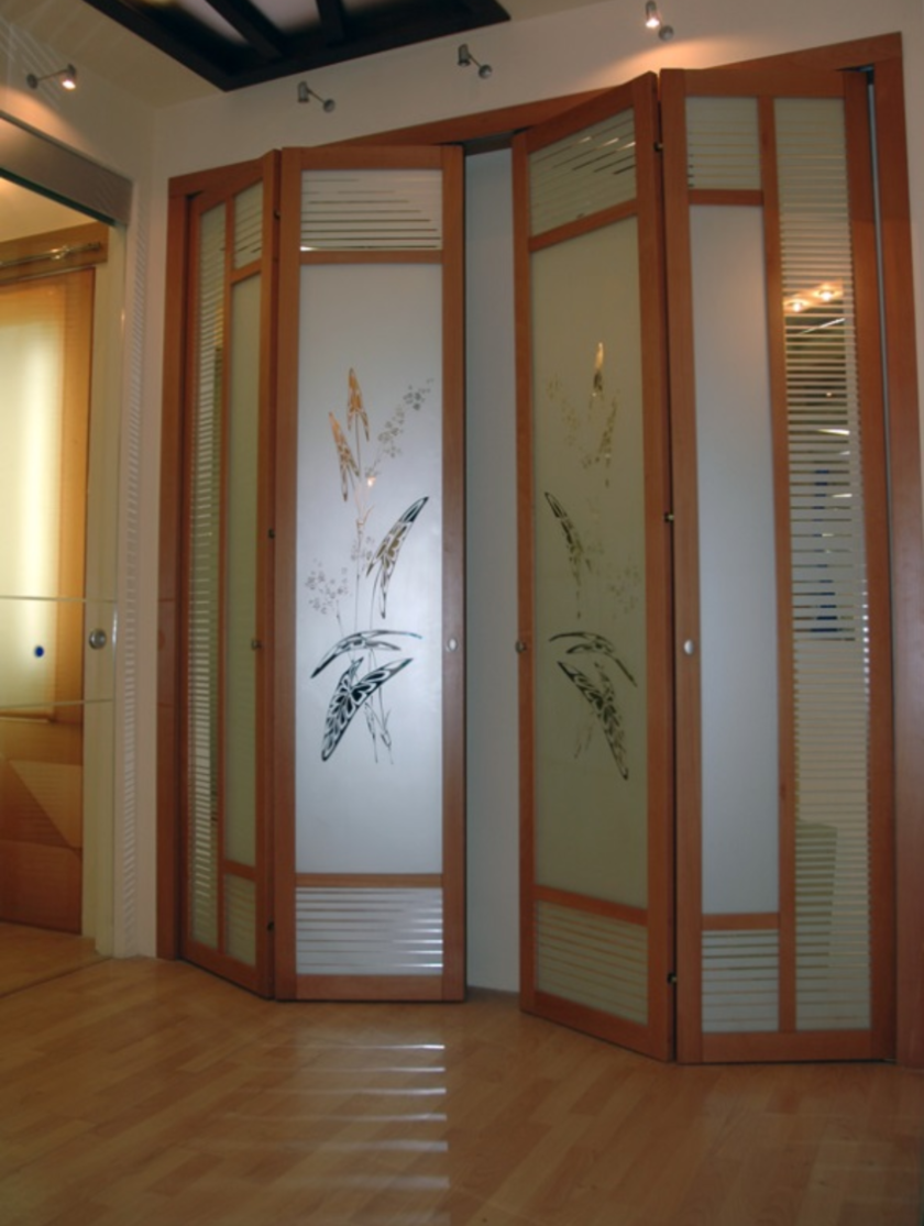 Широкие двери гармошка с матовым стеклом и рисунком Сочи